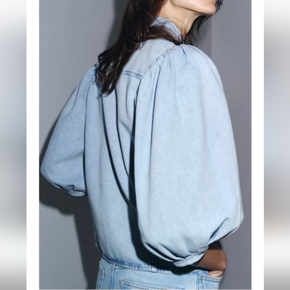 Zara Zw Collection Light Blue Denim Shirt With Puffed Sleeves Sz-XL - Picture 9 of 10
